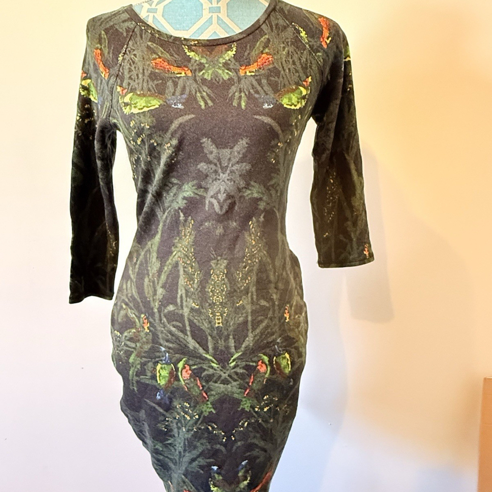 Rachel Roy Tropical Bird Print Bodycon Dress Women's Medium Whimsical Romantic